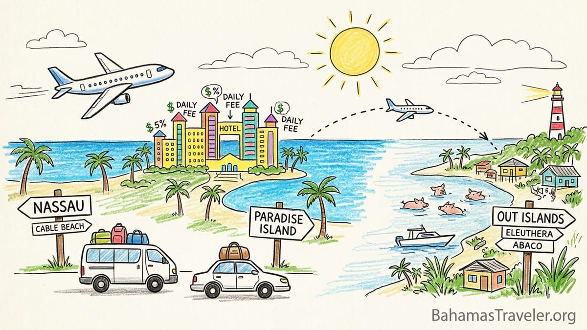 Traveler compares Bahamas flight-hotel packages on a phone with Nassau harbor and resorts in the background.
