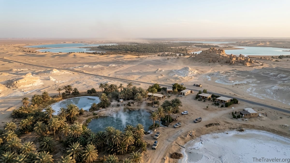 Aerial view of Egyptian desert oases with palm groves, hot spring and distant salt lakes at sunset.