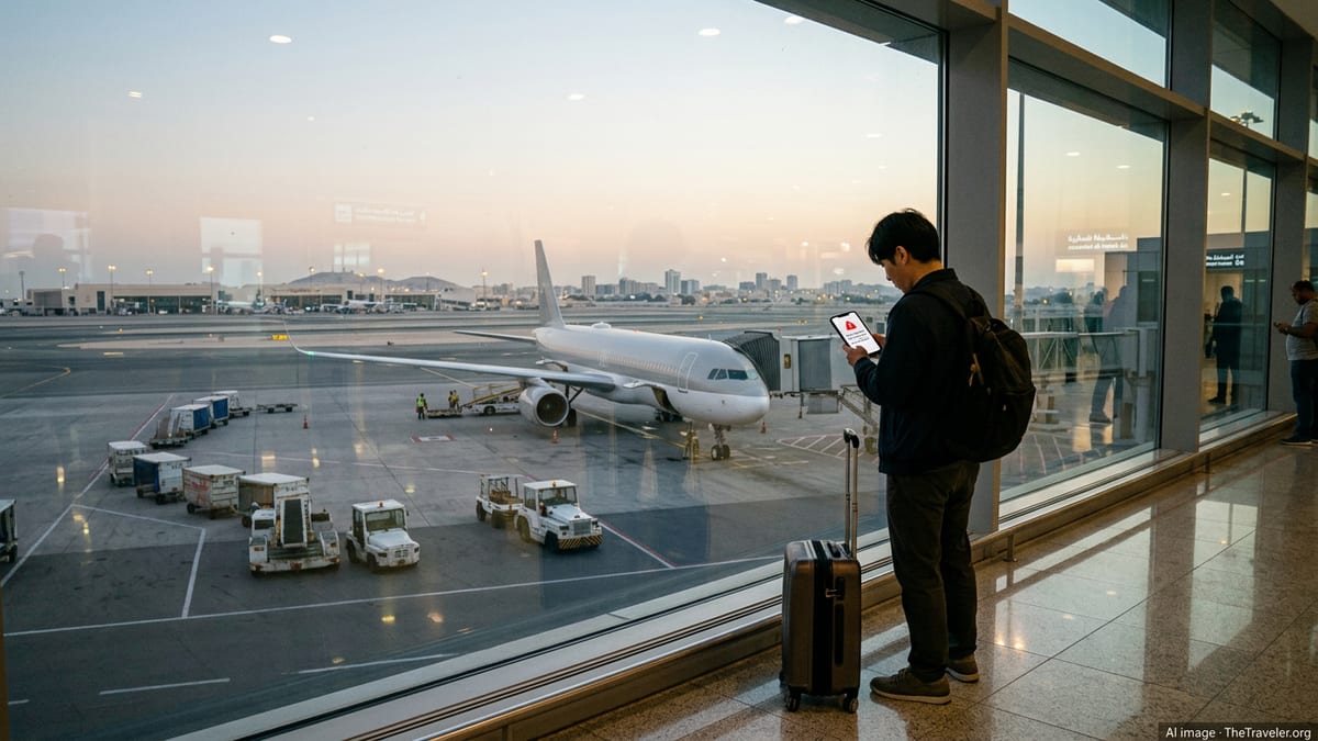 Korean traveler at a Gulf airport window at dusk, looking onto a quiet runway amid travel disruptions.