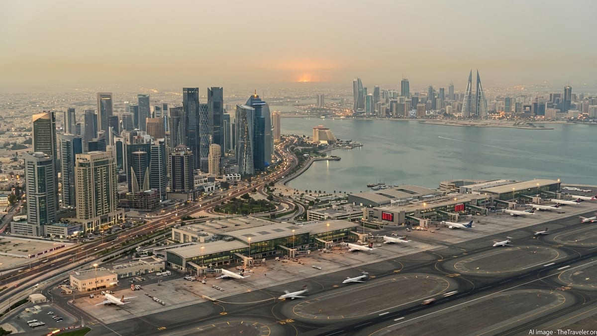 Gulf city skylines at dusk with airports partially dark and flights grounded.