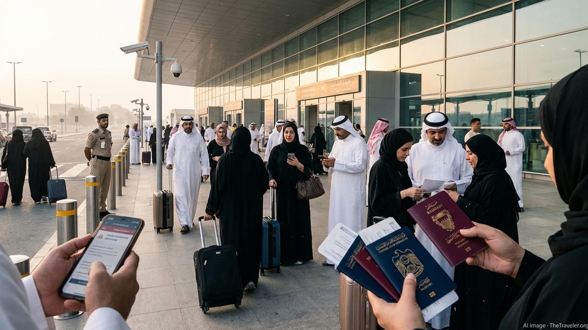Travelers with GCC passports outside Manama airport as security and advisory signs heighten tension.