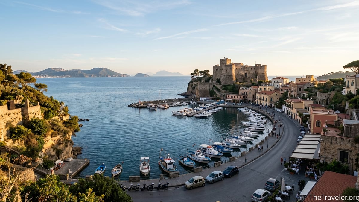 Aerial view of Baia’s marina and castle on a volcanic bay at sunset.