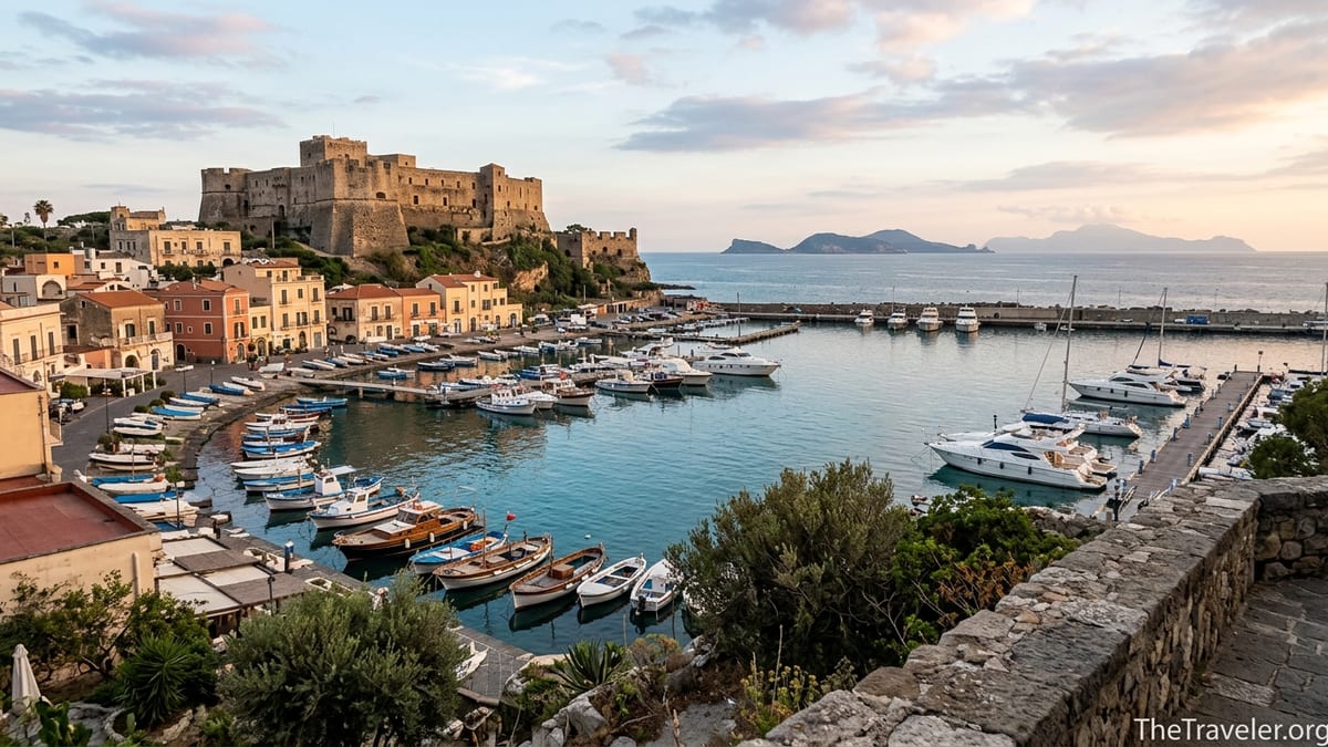 Harbor of Baia near Naples at golden hour with marina, castle and distant islands.