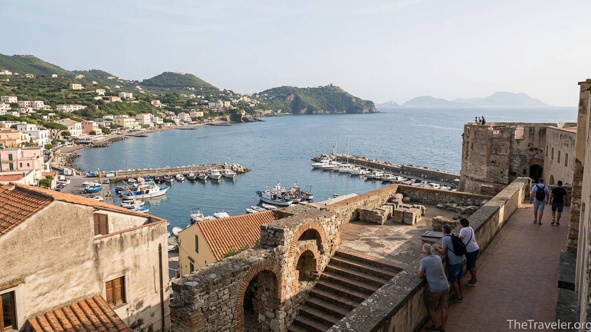 View over Baia harbor and Roman ruins with the Bay of Naples and distant headlands.