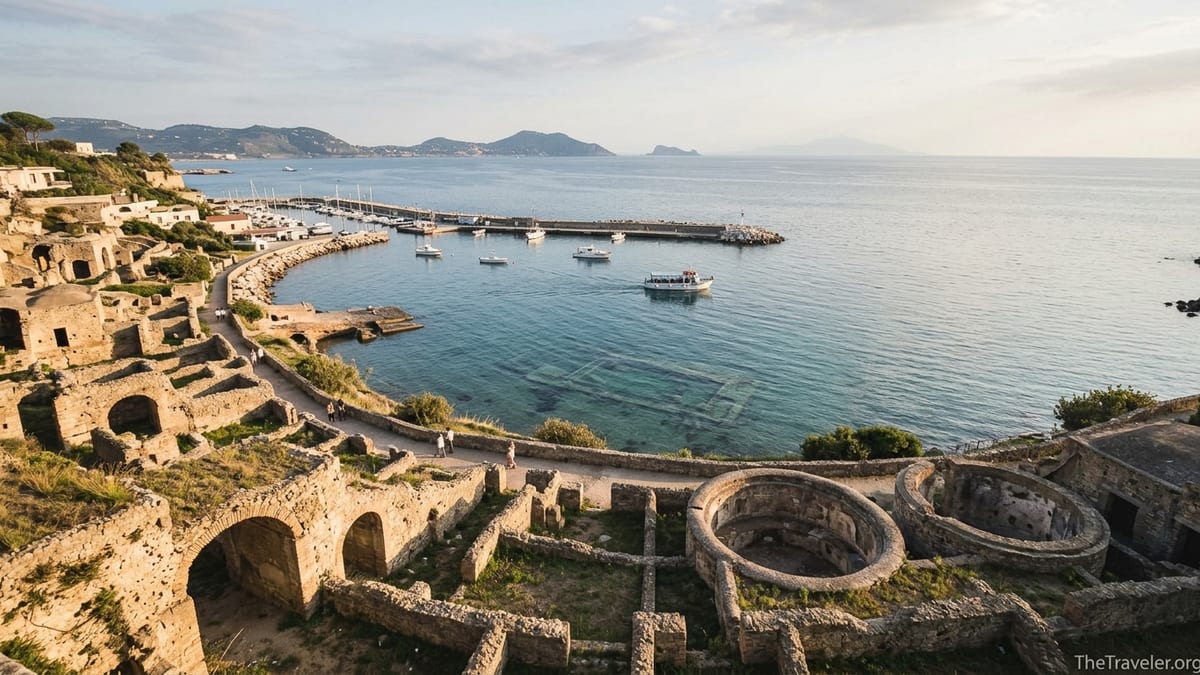 View of Baia’s Roman ruins above the harbor and Bay of Naples at sunset.