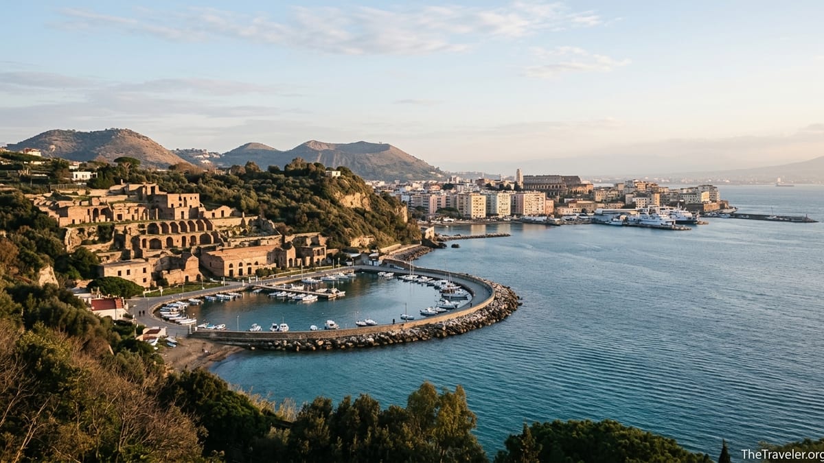 View over Baia’s marina and Pozzuoli’s waterfront along the Phlegraean Fields coast at sunset.