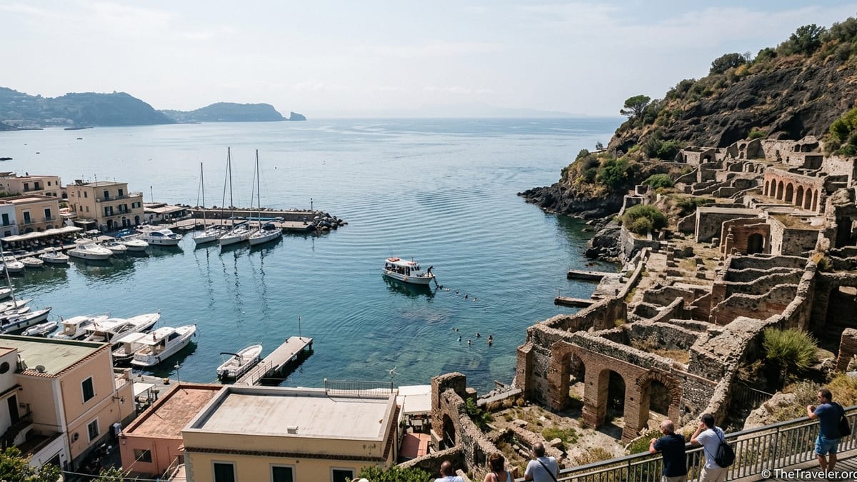 View of Baia’s Roman ruins above the bay with boats and snorkelers over the sunken city.