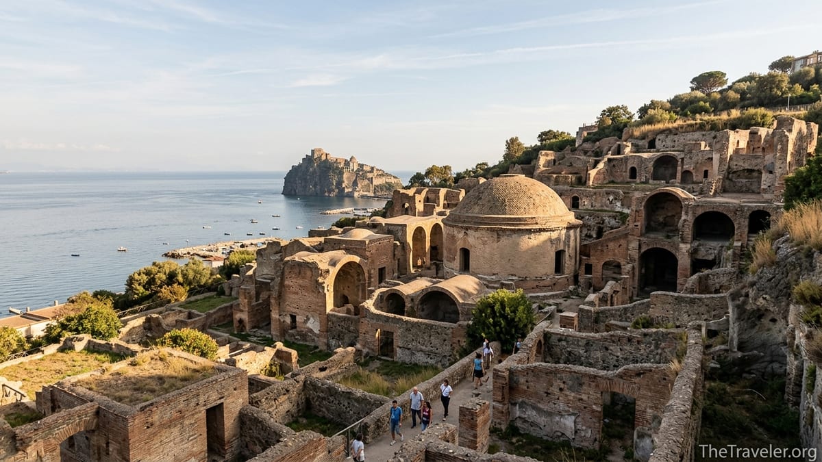 Terraced Roman bath ruins of Baiae overlooking the calm Bay of Naples at sunset.