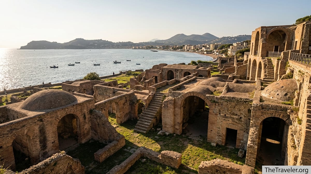 Terraced Roman ruins of Baiae Archaeological Park overlooking the Bay of Naples at sunset.