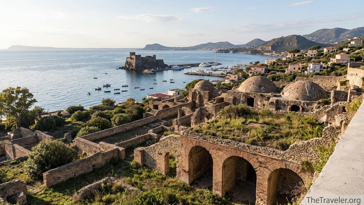 Terraced Roman ruins of Baiae overlooking the Bay of Naples on a sunny afternoon.
