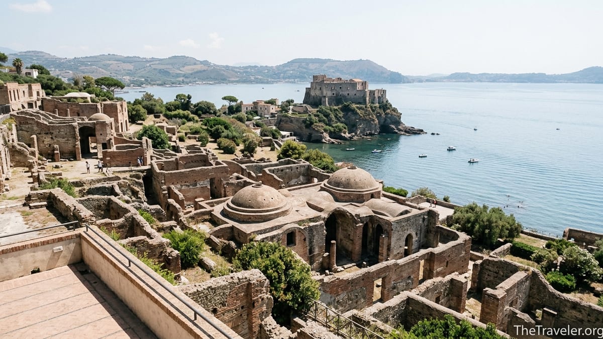 Terraced Roman ruins of Baiae Archaeological Park descending toward the Bay of Naples under a clear sky.
