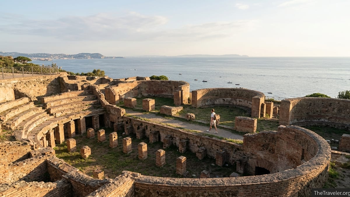 Terraced Roman ruins of Baiae Archaeological Park overlooking the Bay of Naples at sunset.