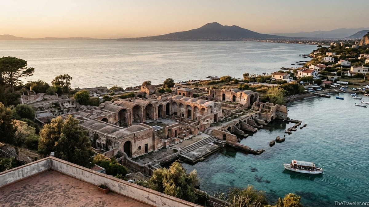 View over Baiae’s Roman ruins and Bay of Naples with Vesuvius in the distance at sunset.