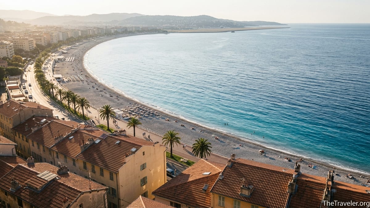 Golden hour view over Baie des Anges and Promenade des Anglais from Castle Hill in Nice.