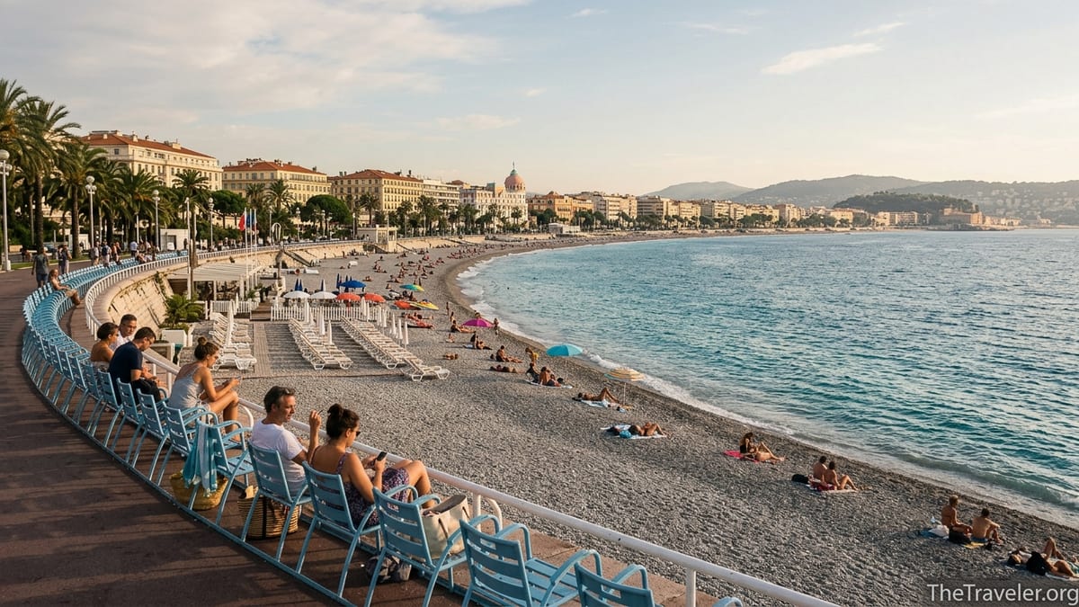 View over Baie des Anges and Promenade des Anglais in Nice on a sunny afternoon.