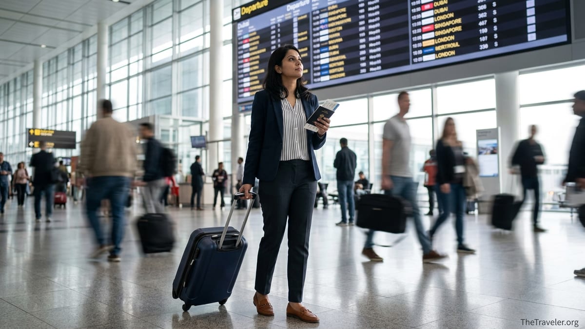 Indian business traveler with suitcase checking departures board in a busy airport terminal
