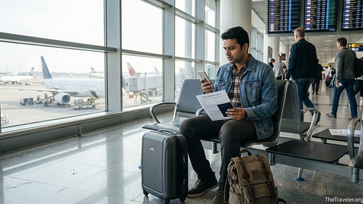 Traveler at airport reading travel insurance documents with a worried expression.