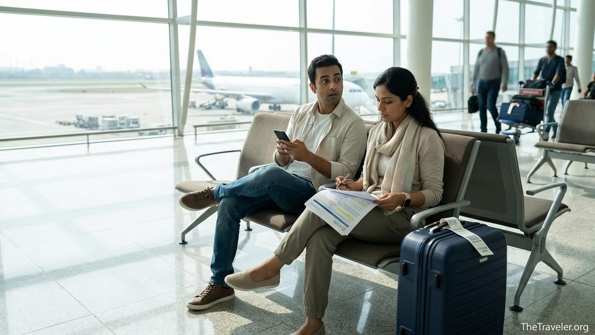 Indian travellers reviewing travel insurance documents in an airport terminal.