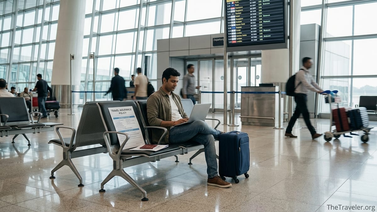 Indian traveler at airport gate reviewing travel insurance documents before international flight.