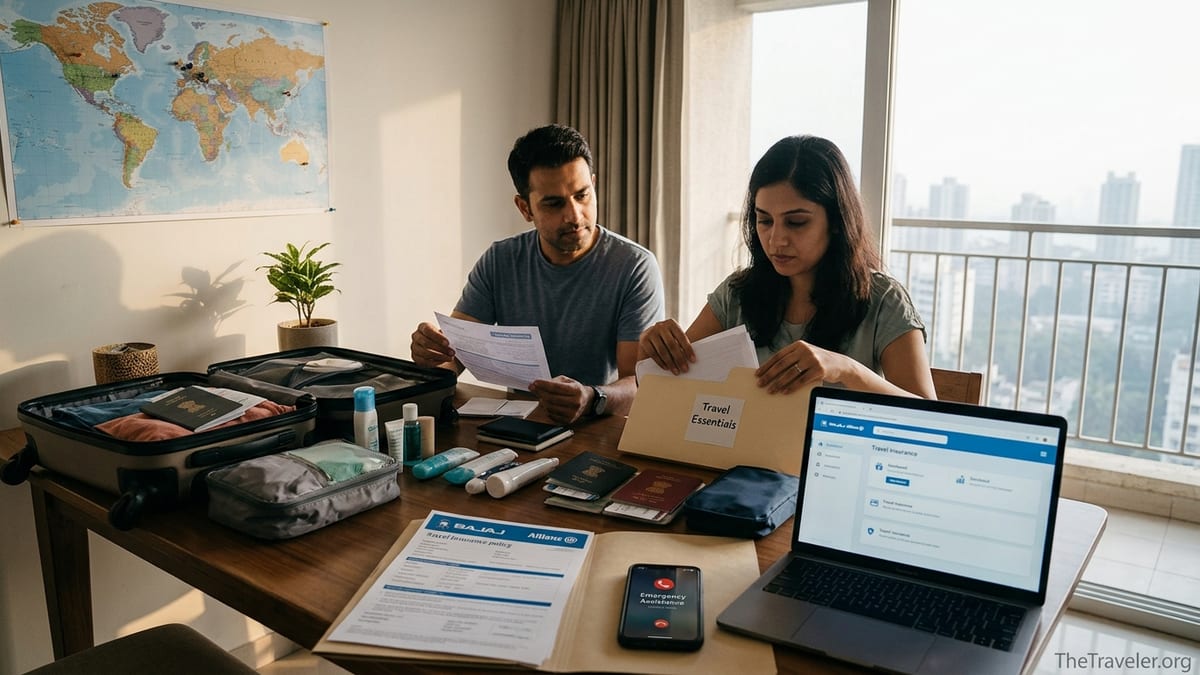 Couple in India organizing Bajaj Allianz travel insurance documents before packing for an overseas trip.