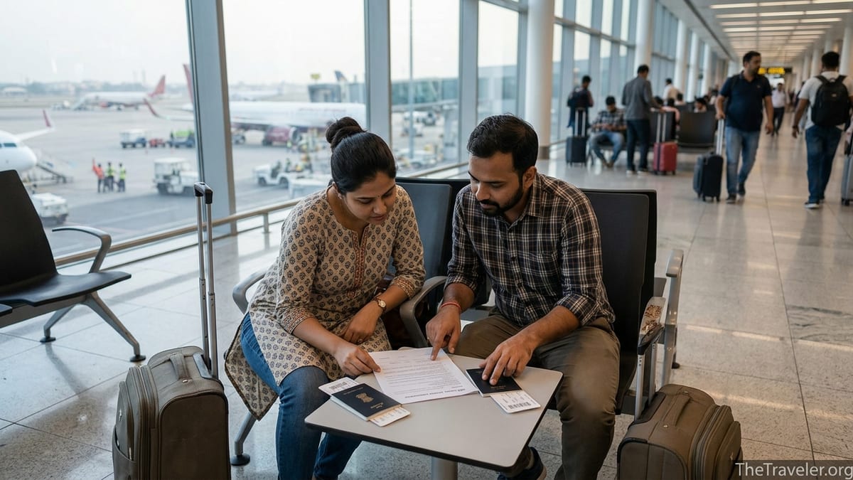 Indian travelers in an airport lounge reviewing travel insurance documents before an international flight.