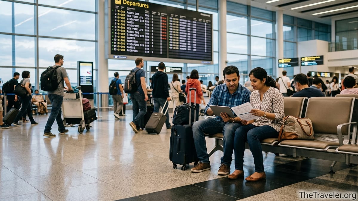 Indian travellers at an airport comparing travel insurance documents before an international flight.