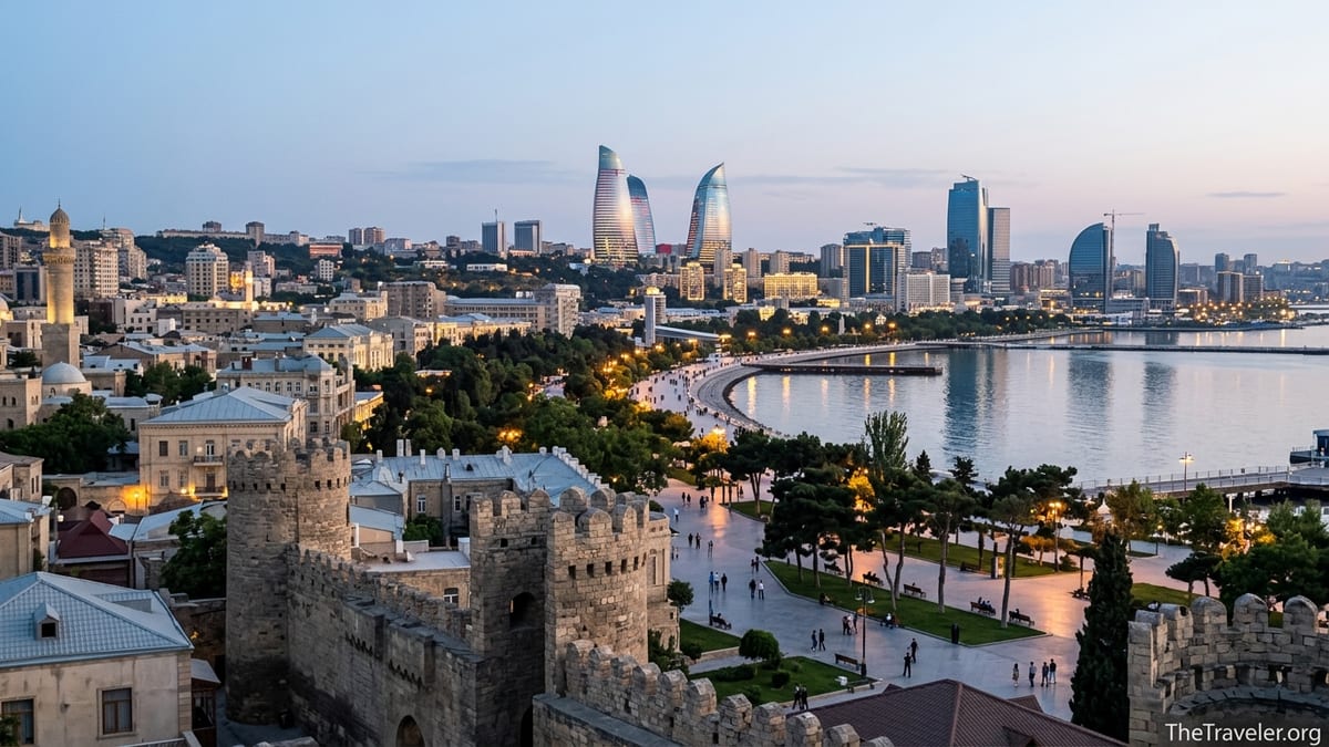 View over Baku’s Old City, boulevard and modern skyline at dusk with people walking along the Caspian Sea.