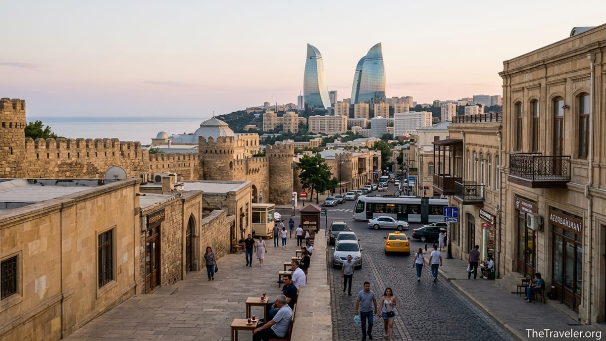 View over Baku Old City toward the Flame Towers at dusk with people walking and cafés open.
