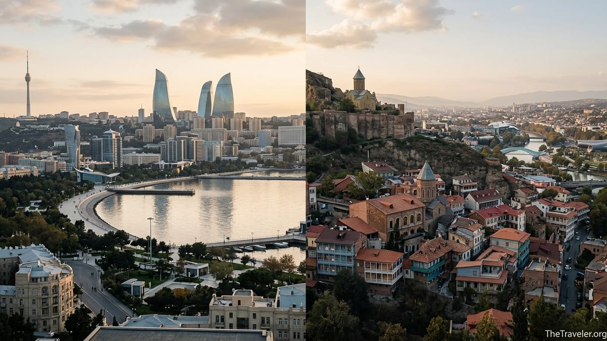 Golden hour view contrasting Baku’s modern skyline with Tbilisi’s historic hillside old town.