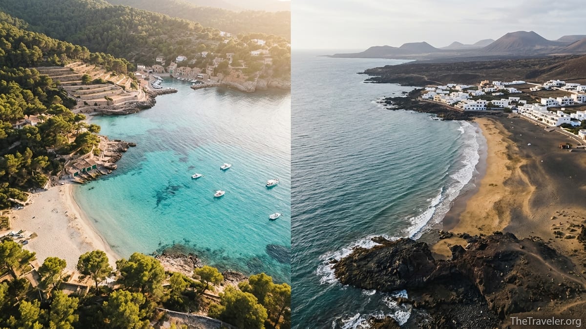 Aerial view comparing a turquoise Balearic cove with a volcanic Canary Island beach at golden hour.