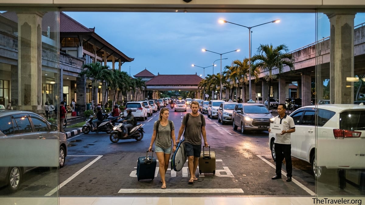 Travelers with luggage walking to ride-hailing pickup area outside Bali Ngurah Rai Airport at dusk.
