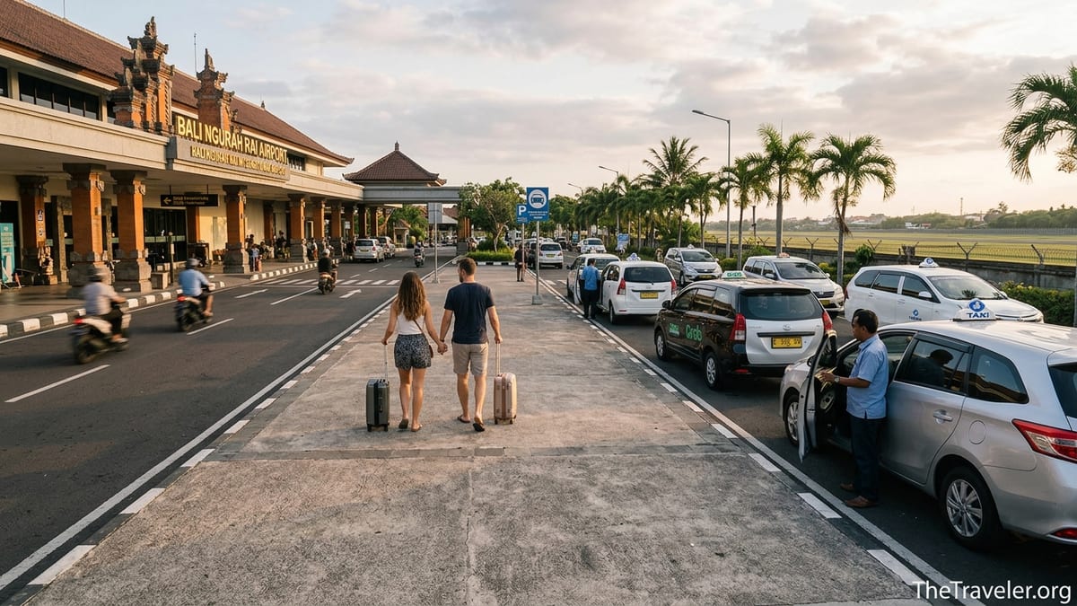 Arriving travelers outside Bali airport walking toward taxi and ride-hailing pickup area at sunset.