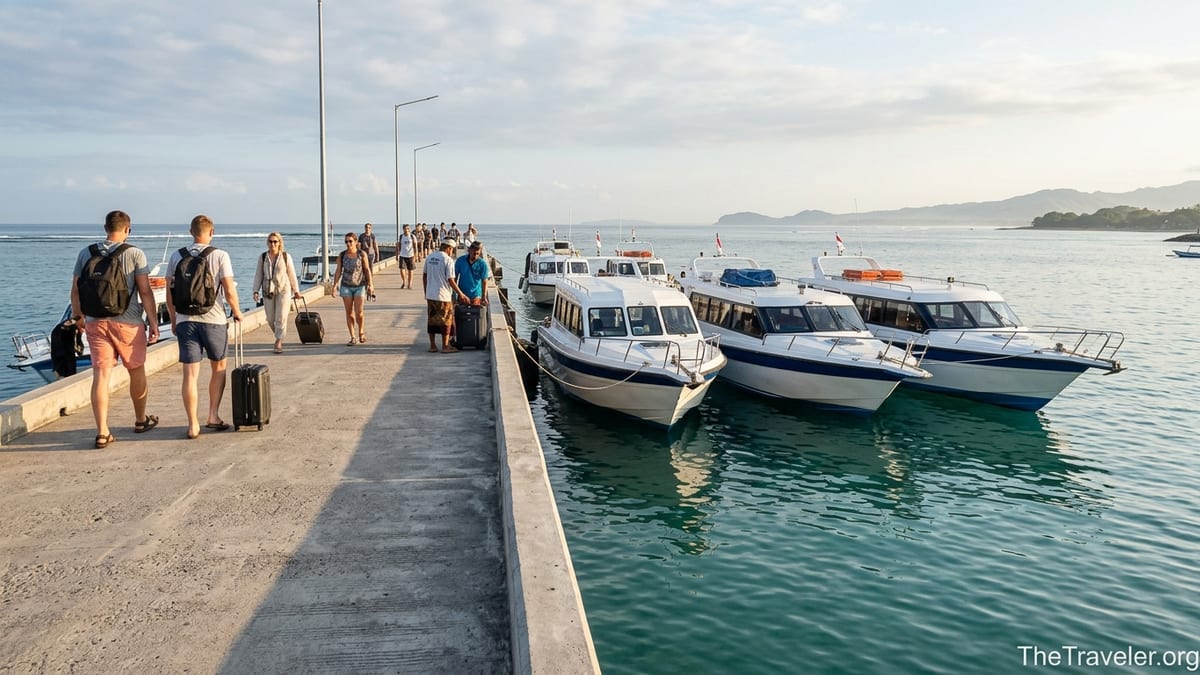 Travelers walking along Sanur Harbour pier at sunrise with fast boats to Nusa Penida and Nusa Lembongan.