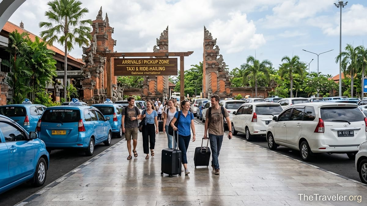 Travelers walking from Bali airport arrivals toward taxis and cars bound for Seminyak.