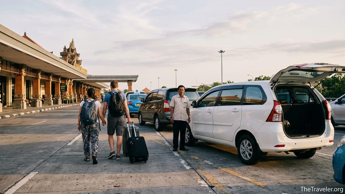 Travelers with luggage meeting a driver at Bali airport car park for transfer to Ubud