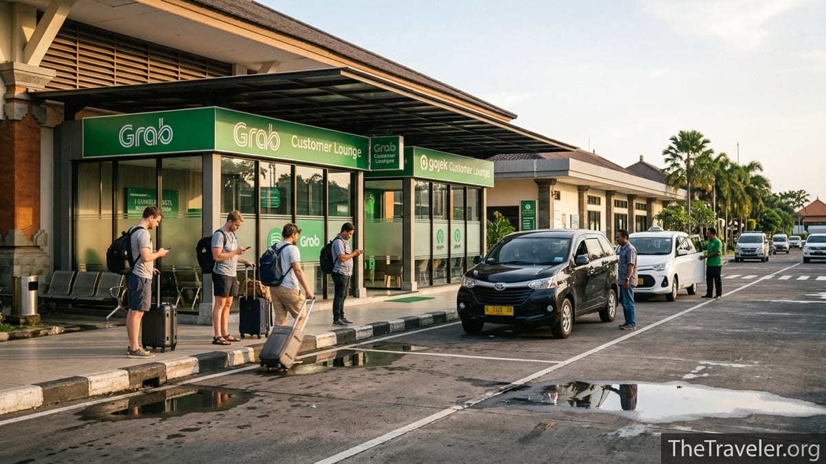 Travelers wait at Grab and Gojek pickup lounges outside Bali Denpasar Airport arrivals.