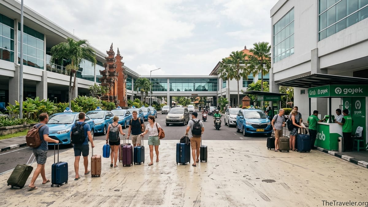 Travelers exiting Bali Denpasar airport toward taxi and ride-hailing pickup zones on a sunny day.