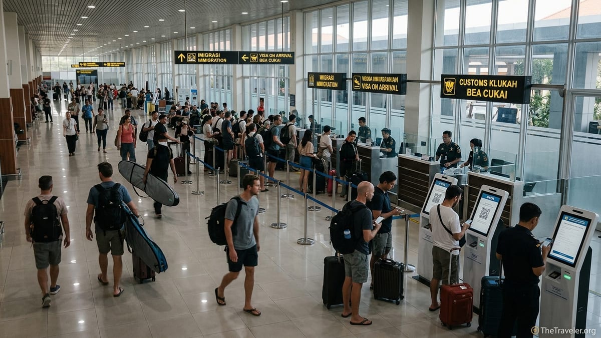 Travelers queue at Bali Denpasar airport immigration and customs in the international arrivals hall.
