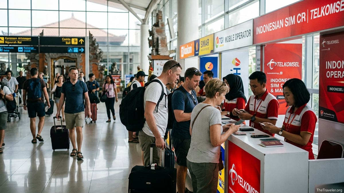 Travelers buying SIM cards at mobile counters in Bali Ngurah Rai Airport arrivals hall.