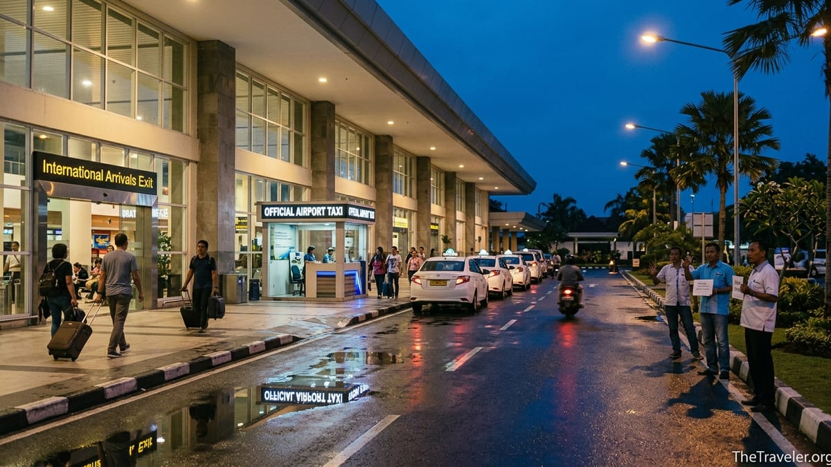 Arriving passengers outside Bali Ngurah Rai Airport choosing taxis at night