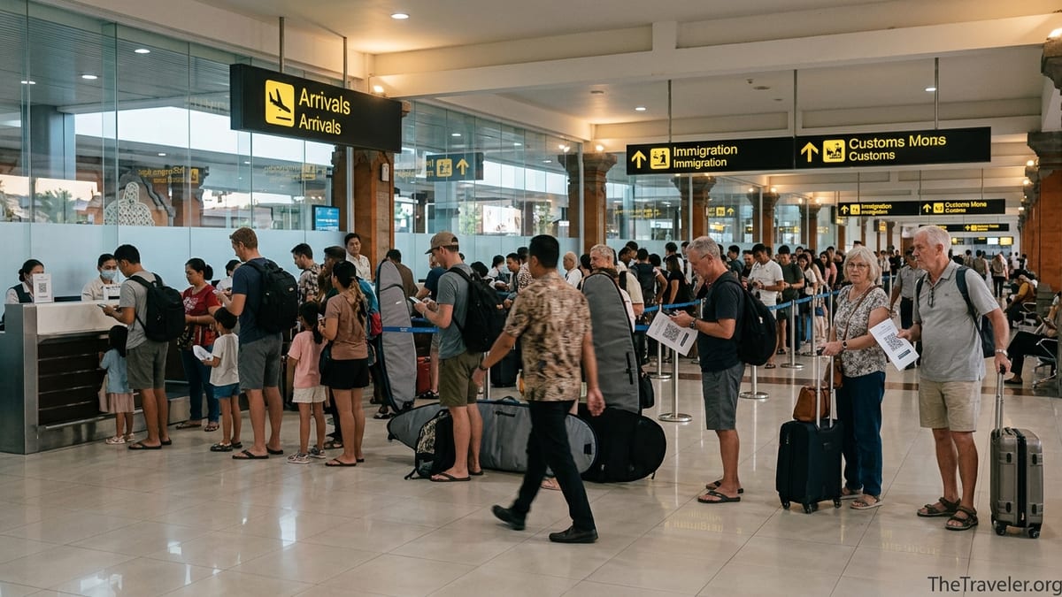 Travelers at Bali Denpasar Airport arrivals checking phones for All Indonesia QR codes near immigration.