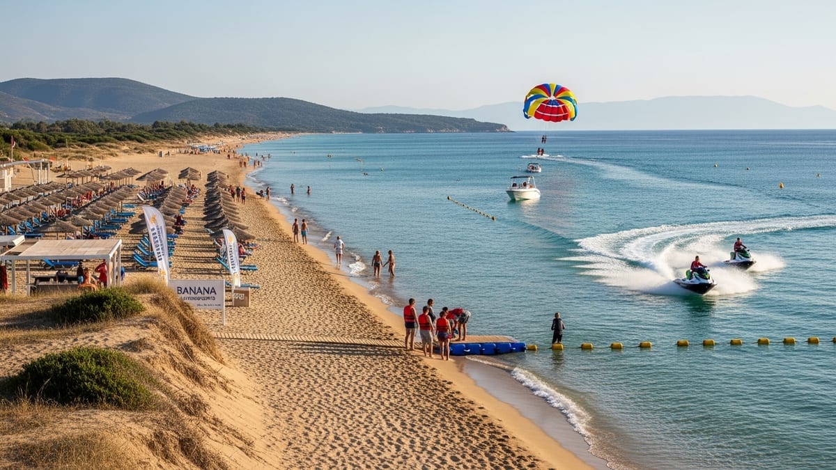 A lively morning at Banana Beach, Zakynthos with watersports and relaxed beachgoers.