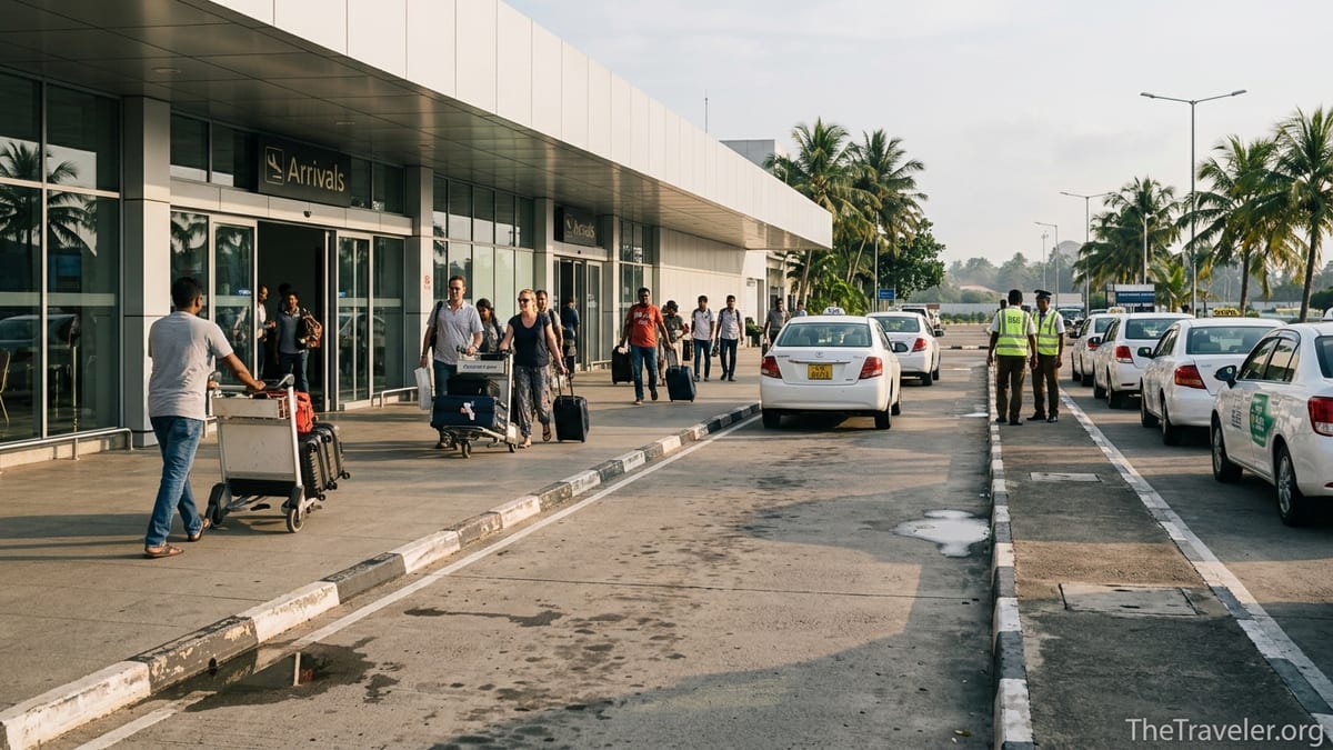 Arriving passengers with luggage outside Bandaranaike International Airport terminal pickup area.