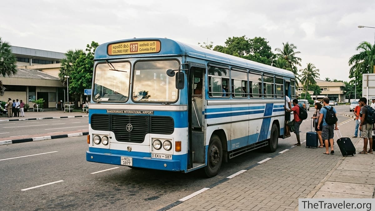 Passengers boarding route 187 airport bus outside Bandaranaike International Airport in Sri Lanka