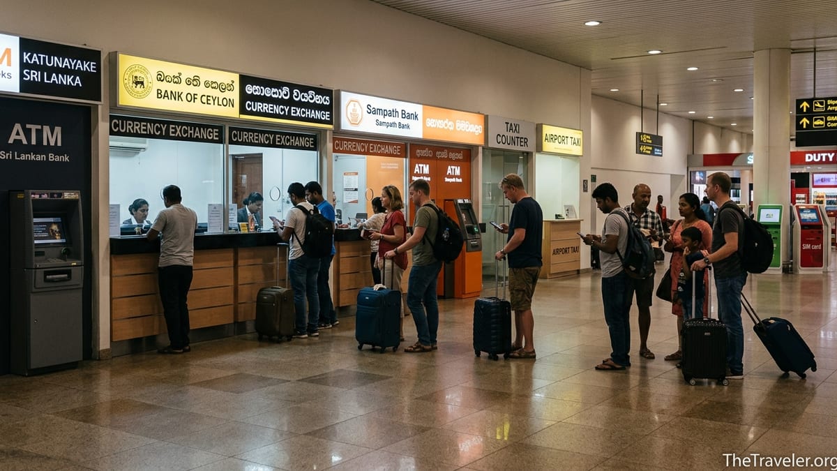 Travelers using currency exchange counters and ATMs in the arrivals hall at Bandaranaike International Airport.