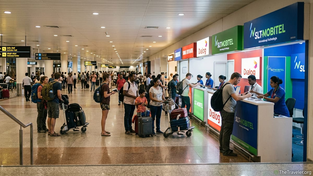 Travelers buying SIM cards at mobile counters in Bandaranaike International Airport arrivals hall.