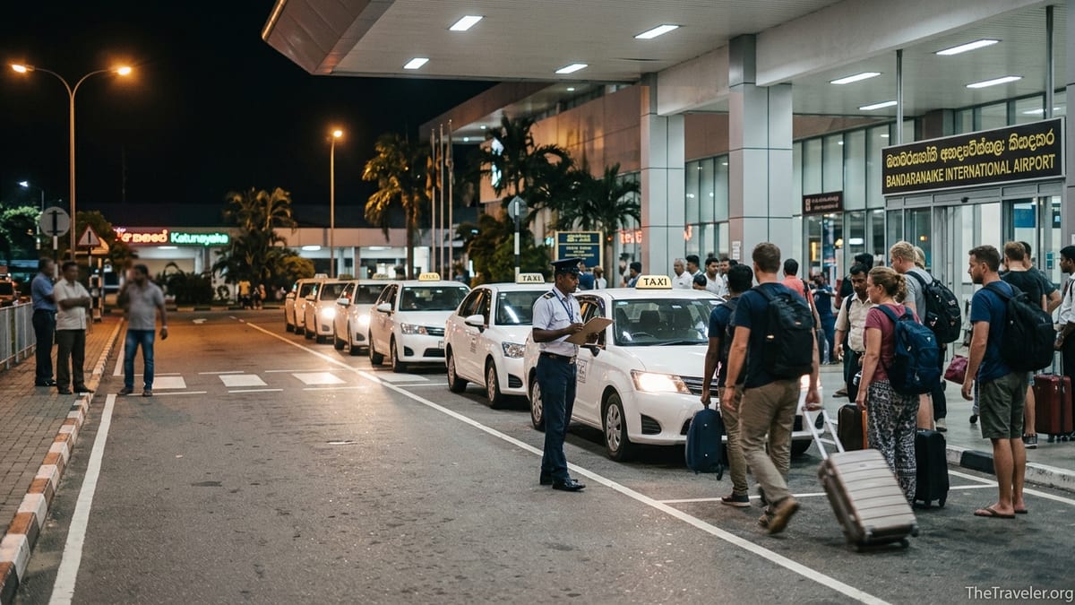 Late-night taxi queue outside Bandaranaike International Airport with travelers and official cabs.