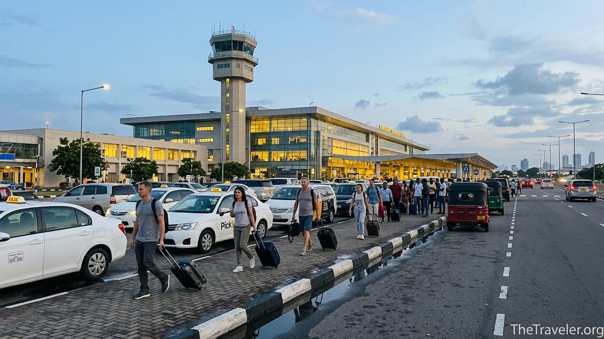 Travelers leaving Bandaranaike International Airport toward taxis and ride-hailing cars at dusk.