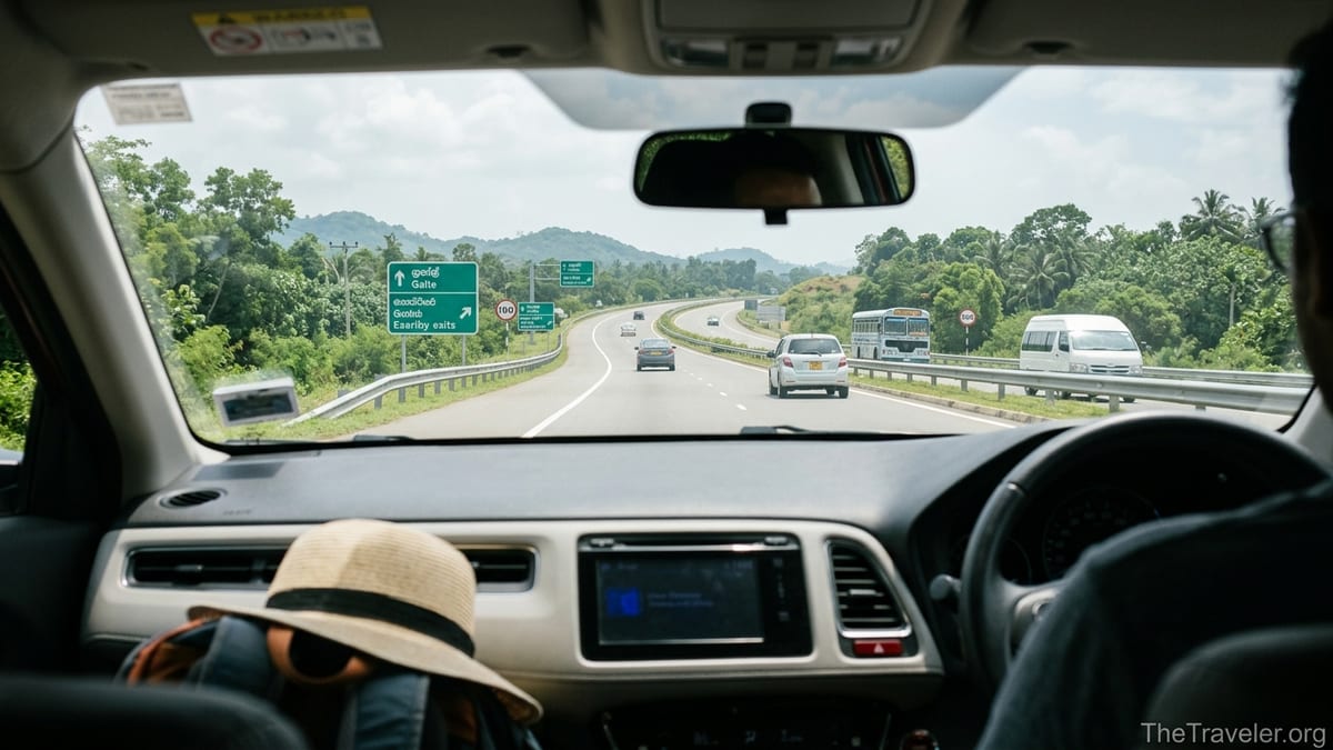 View from a car on Sri Lanka’s expressway driving toward Galle on a sunny day