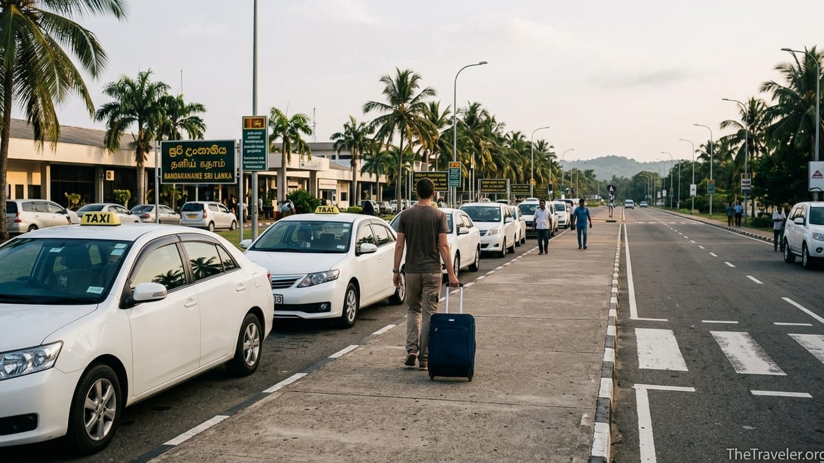 Traveler leaving Bandaranaike Airport toward taxis for the journey to Kandy